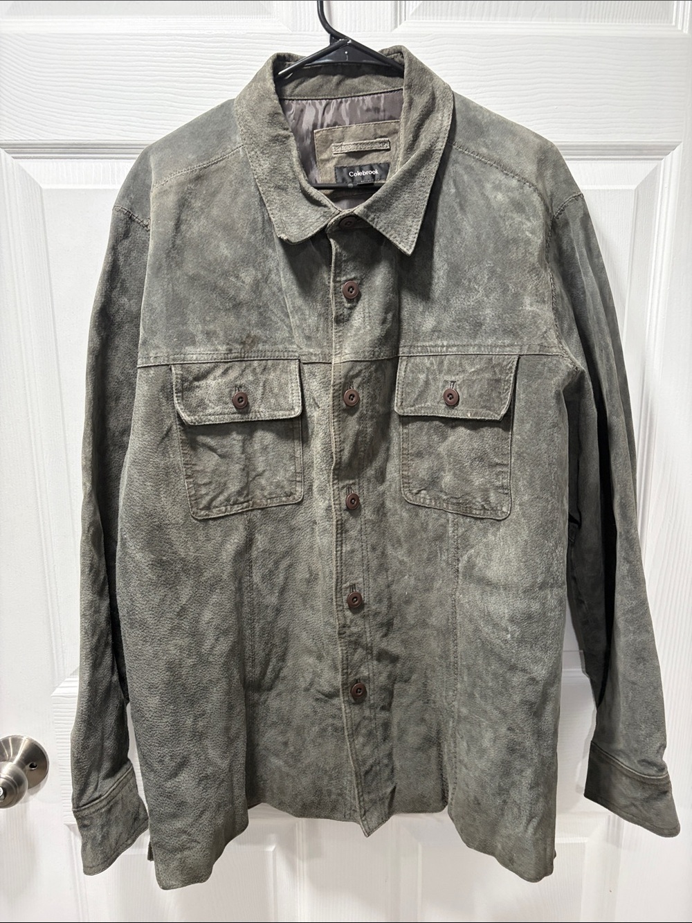 Vintage Suede Leather Jacket Military Green Field Jacket Pockets XL